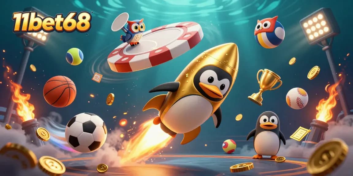Experience the thrill of 11bet68 with an exciting 3D casino illustration featuring a golden penguin and dynamic sports elements.