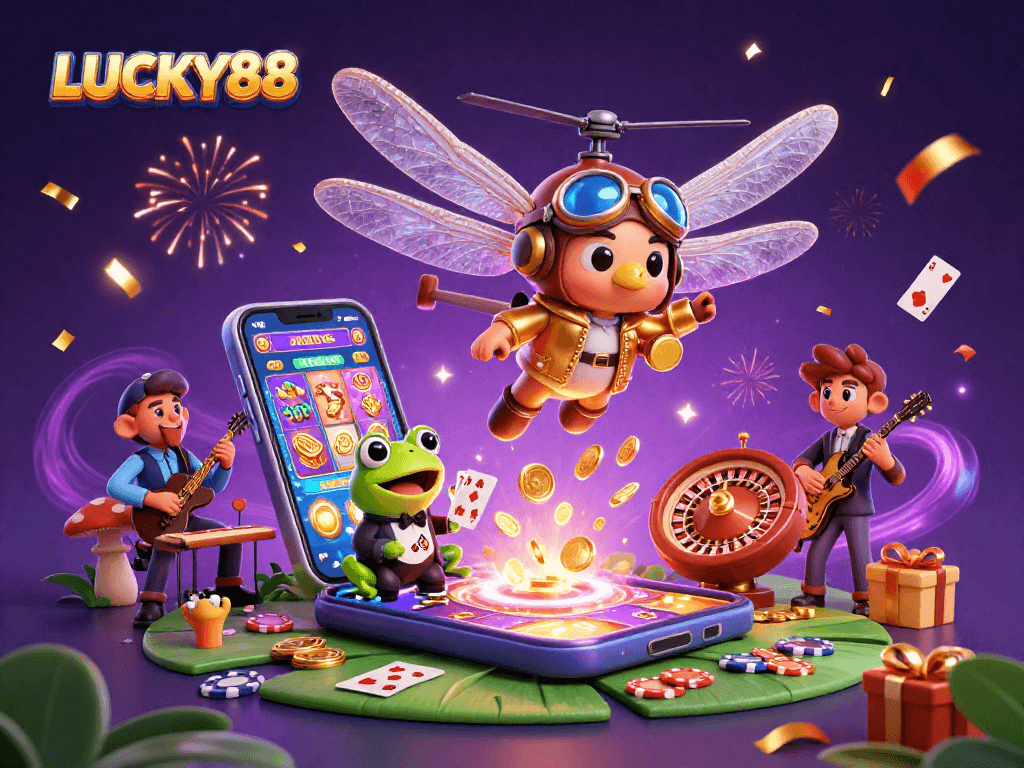 Experience LUCKY88's vibrant casino scene with a thrilling dragonfly pilot and frog croupier.