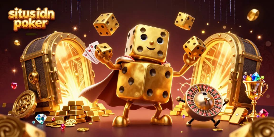 Menggoyang dadu emas raksasa sambil bermain di situs idn poker dengan latar belakang aset berkilauan.