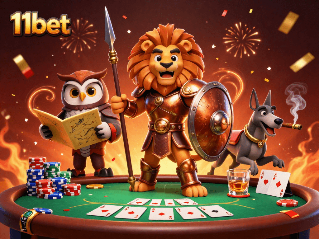 Engage in thrilling gaming with 11bet's vibrant 3D casino scene featuring a Spartan lion, a tactical owl, and a greyhound messenger.