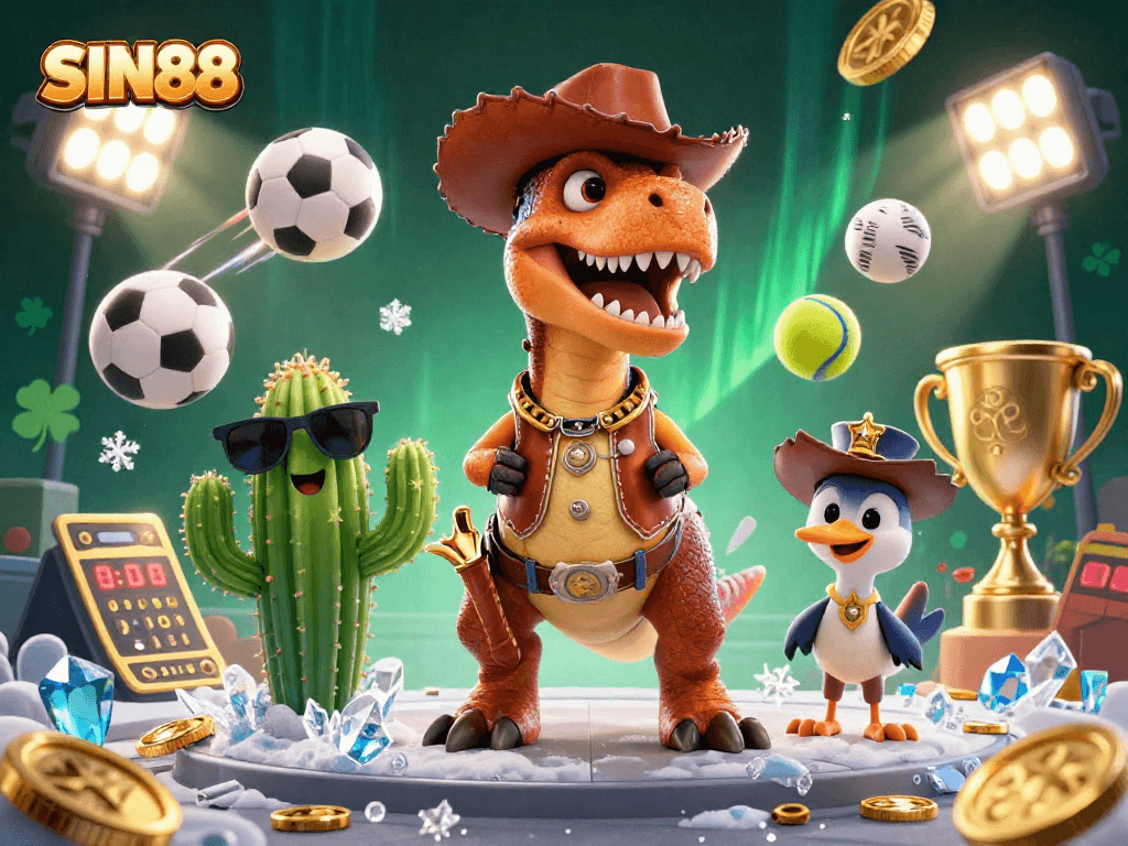 SIN88 invites sports betting action with a dynamic 3D illustration featuring engaging characters and elements.