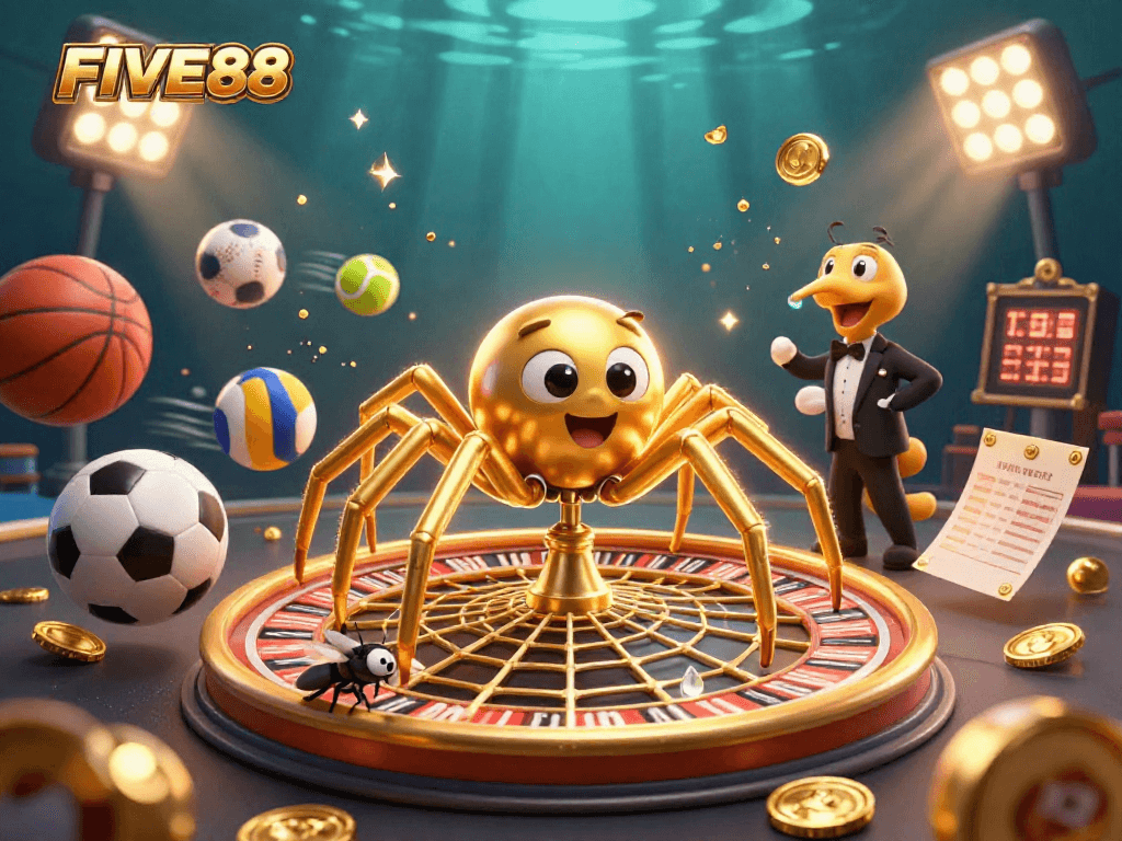 Engage in thrilling action at FIVE88 with a vibrant casino scene featuring a spider, fly, and centipede.