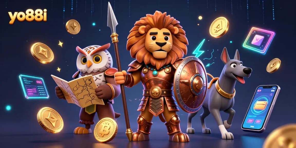 Engage with yo88i's exciting casino gaming experience featuring vibrant characters and crypto elements.