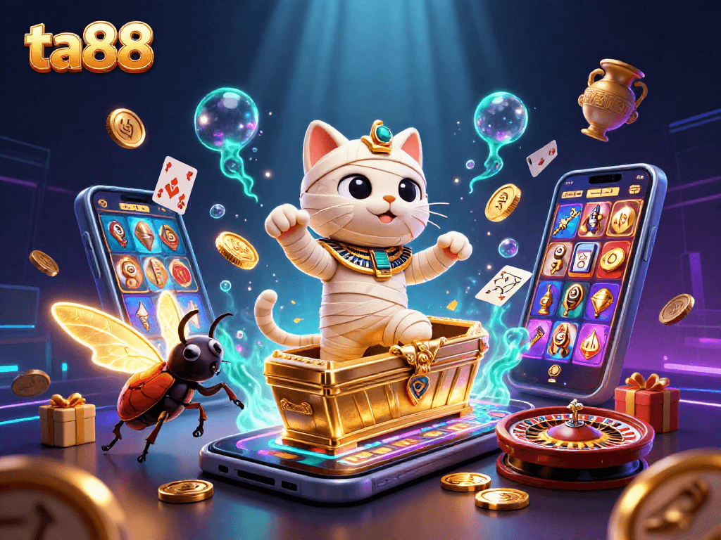 Experience thrilling action at ta88 with a lively 3D illustration featuring a mummy cat and casino elements.