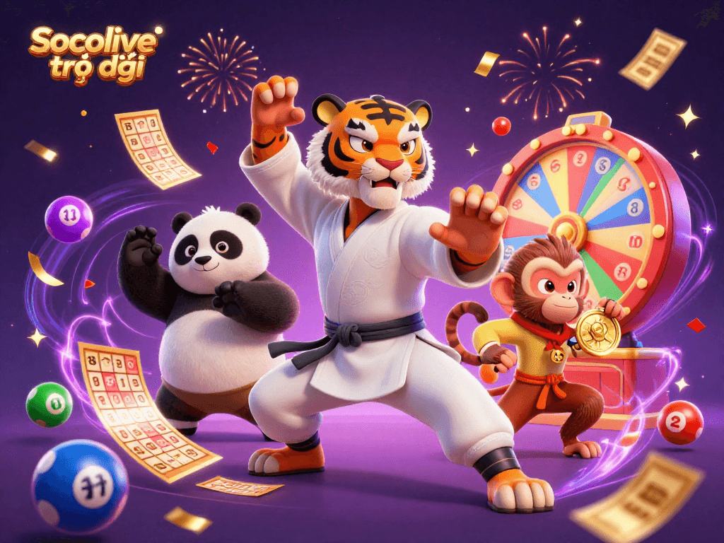 Socolive trực tiếp showcases an engaging scene with a kung fu tiger master, panda disciple, and monkey stealing a medal amid gambling thrills.