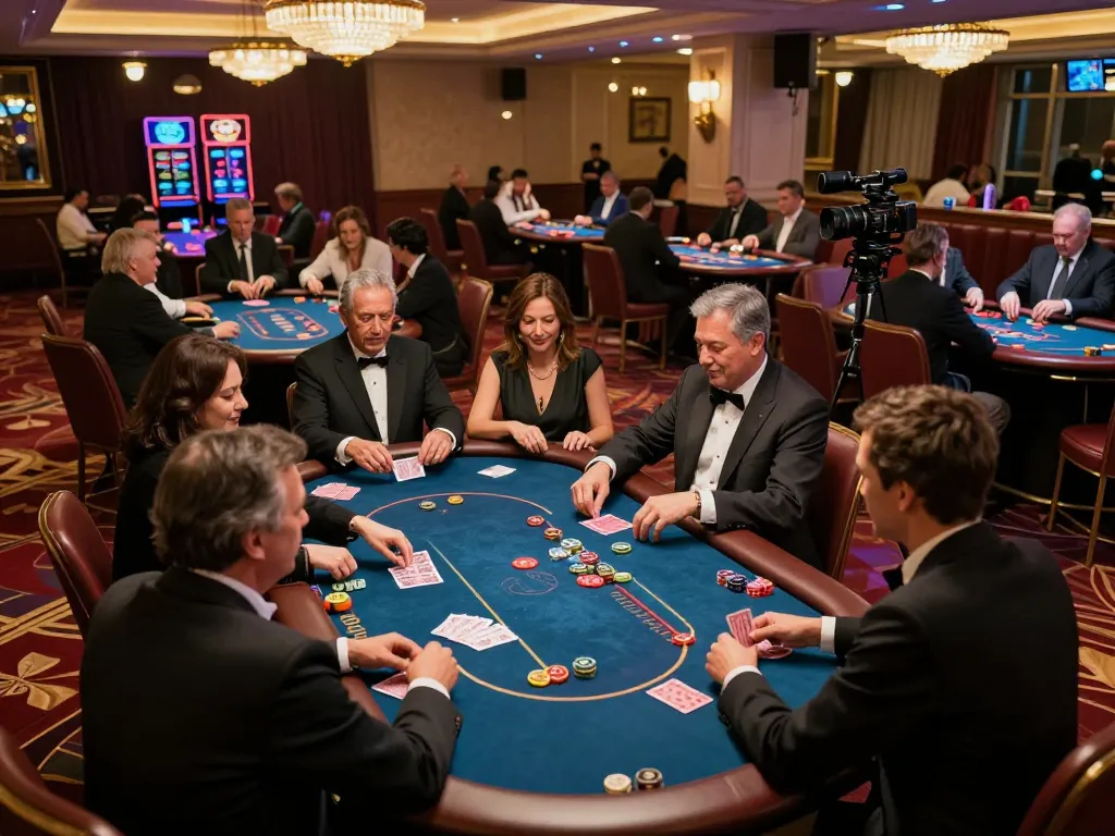 Experience the thrill of RR88's luxurious casino floor where players engage in high-stakes poker.