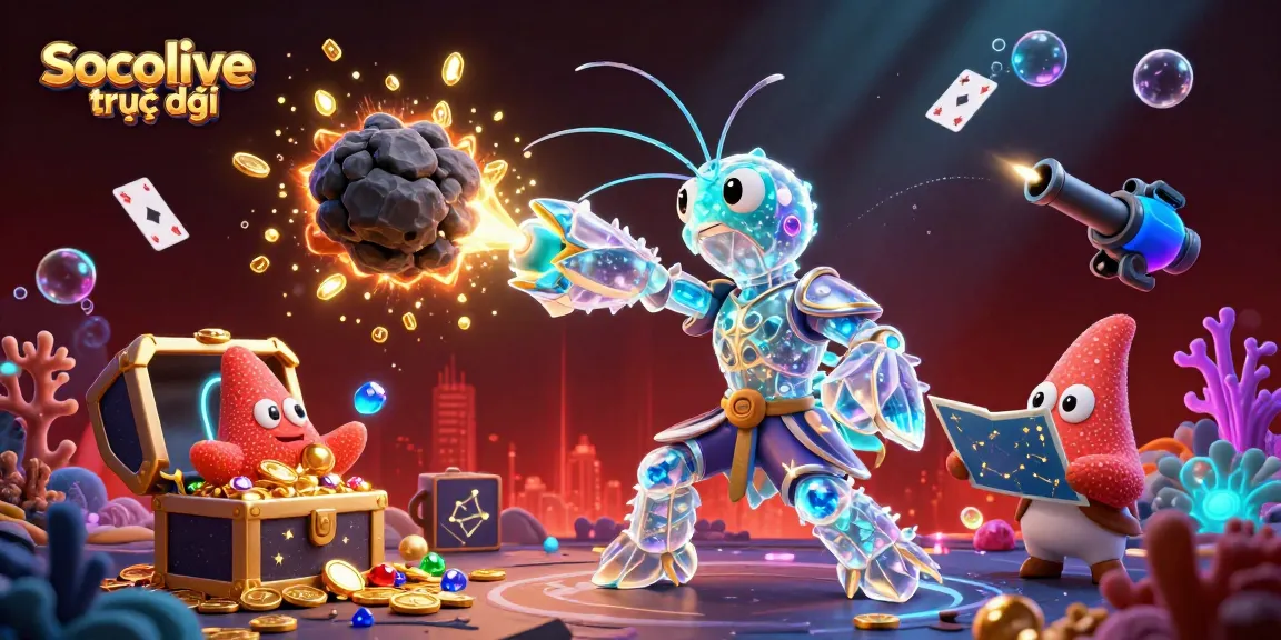 Socolive trực tiếp showcases an explosive underwater scene featuring a galactic samurai mantis shrimp bursting through an asteroid with gems.