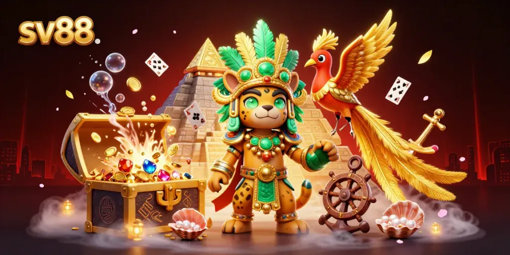 sv88 online gamblers winning big in a dynamic casino-themed scene filled with vibrant treasure and game elements
