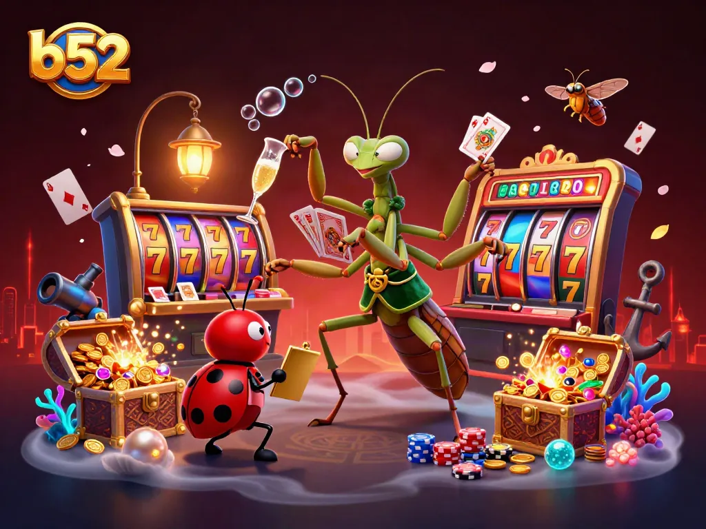 b52 offers vibrant slot gaming with a giant praying mantis dealer, showcasing rich casino elements.