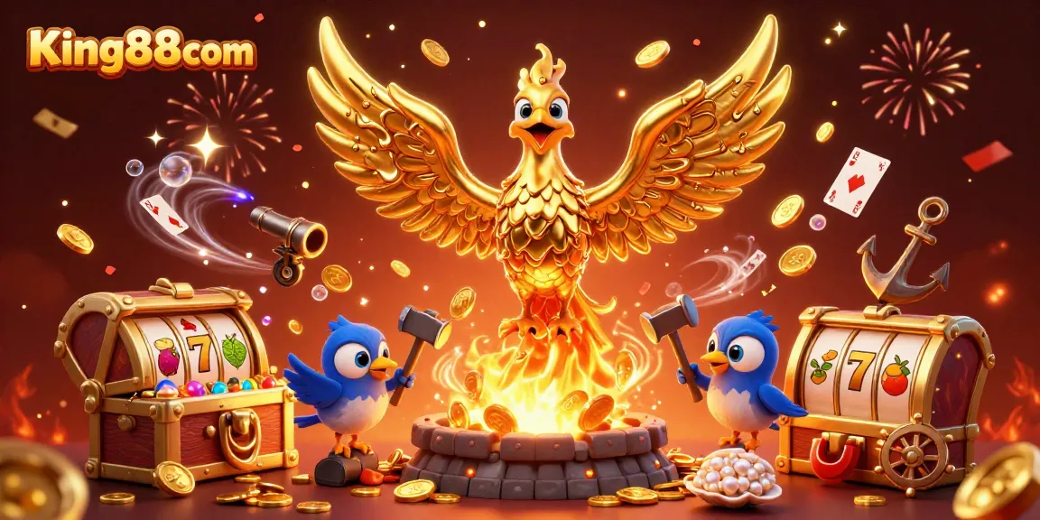 Join the thrilling gaming action at King88com with a golden phoenix and vibrant casino elements!