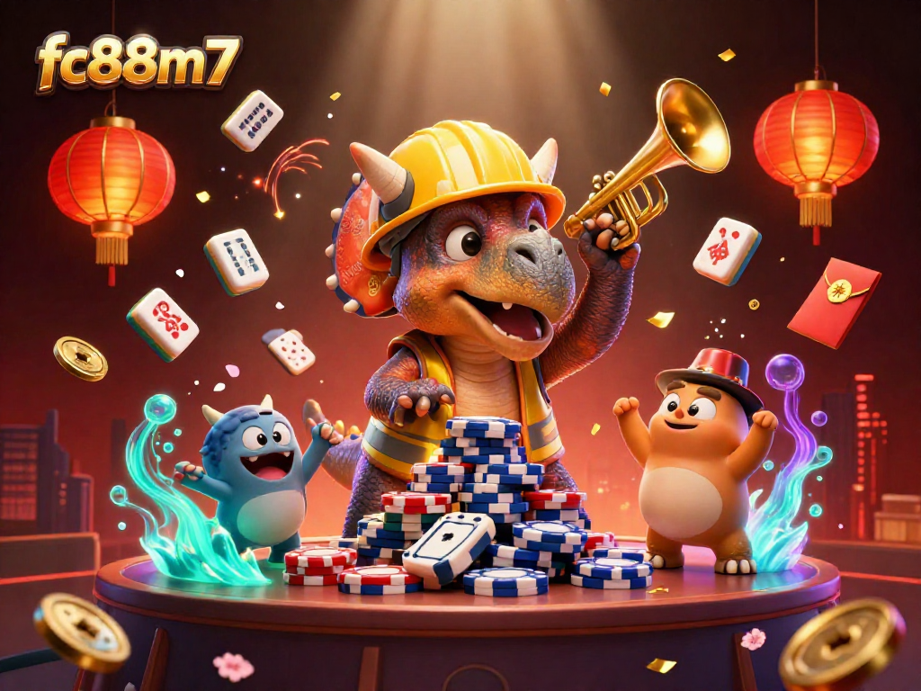 fc88m7 showcases a vibrant 3D casino scene with triceratops and celebratory elements enhancing the atmosphere.