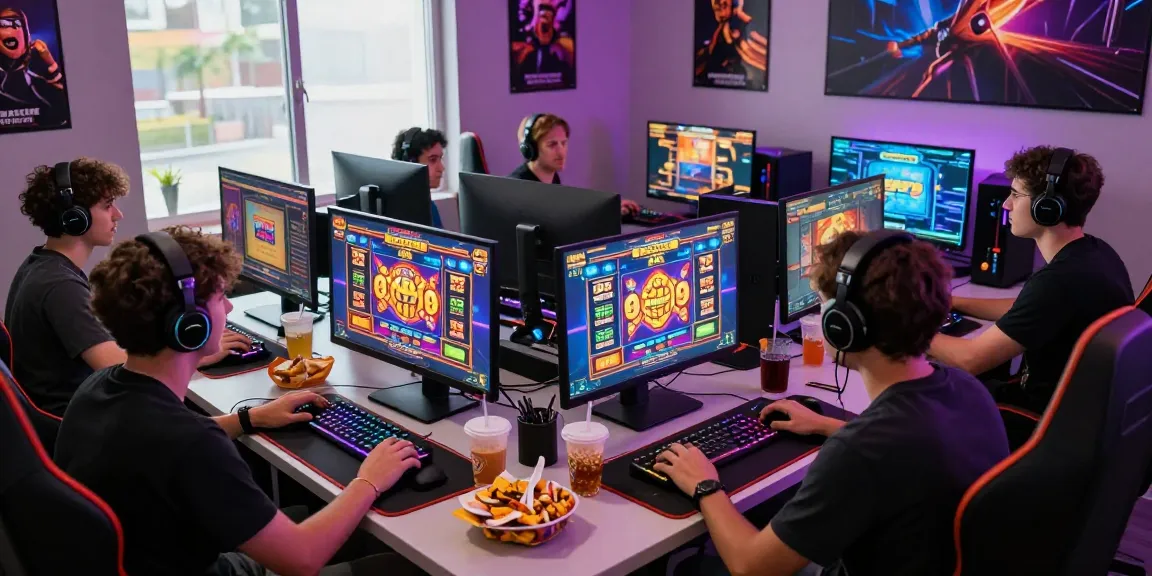 Friends enjoying a thrilling slot gacor gaming session with multiple monitors and lively atmosphere