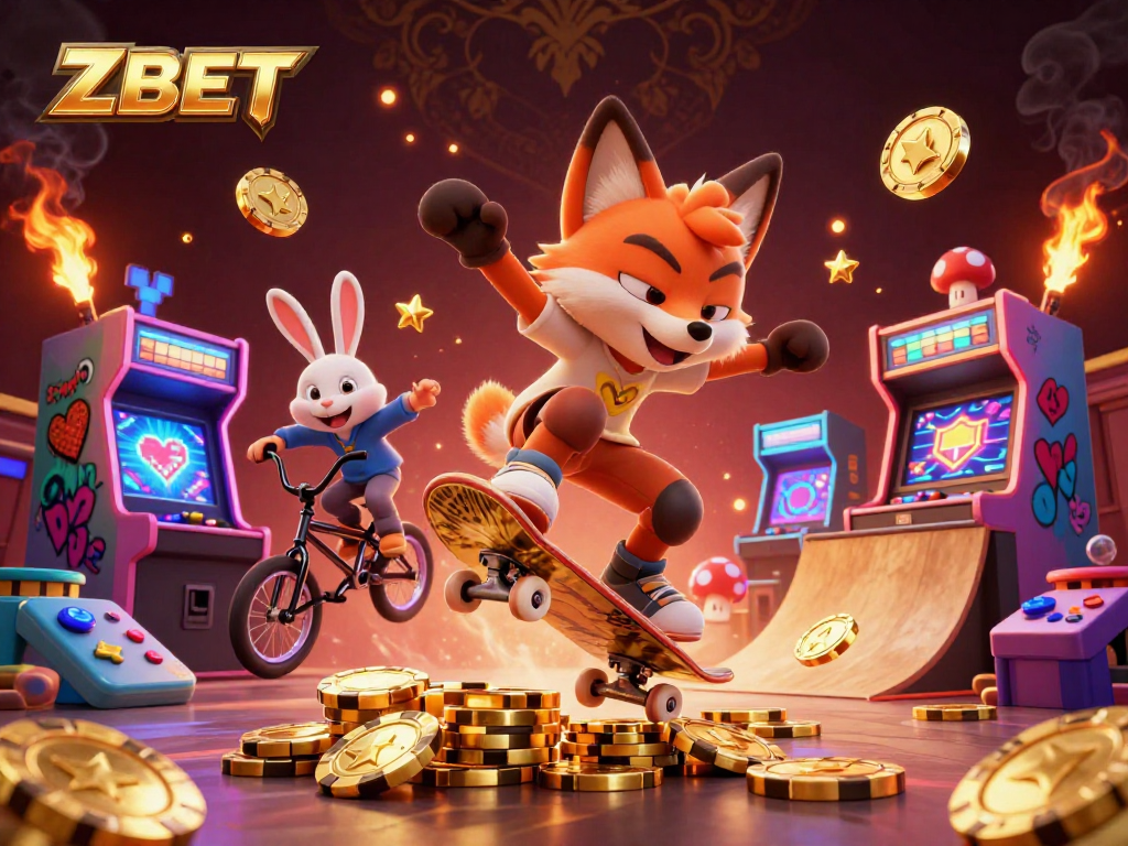 ZBET enhances your gaming experience as a fox and rabbit perform casino stunts in a vibrant 3D setting.