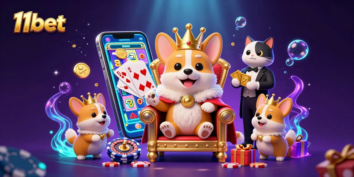 Engage with exciting 11bet slots in a vibrant 3D casino scene featuring royal corgis and dynamic game elements.