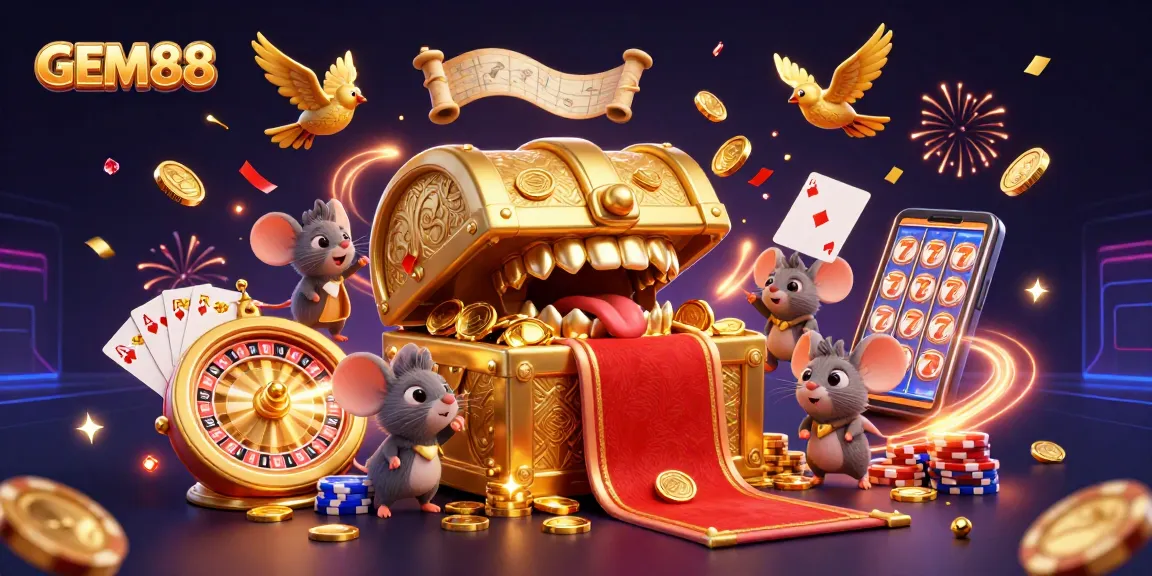 Win big with GEM88 as adventurous mice reach for golden riches and treasures in a vibrant casino landscape.