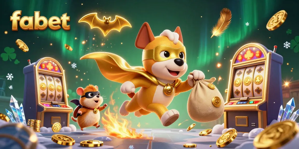 Fabet's superhero dog and sidekick bring fortune with gold coins and slot excitement.