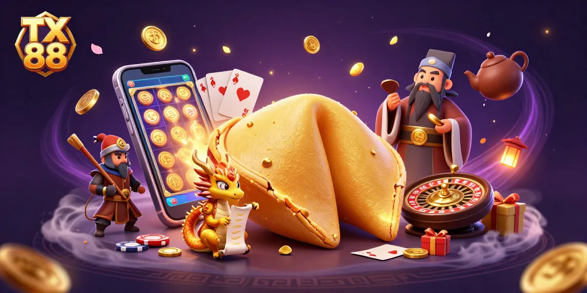 Experience the excitement of TX 88 with an engaging 3D illustration featuring casino elements and lucky symbols.