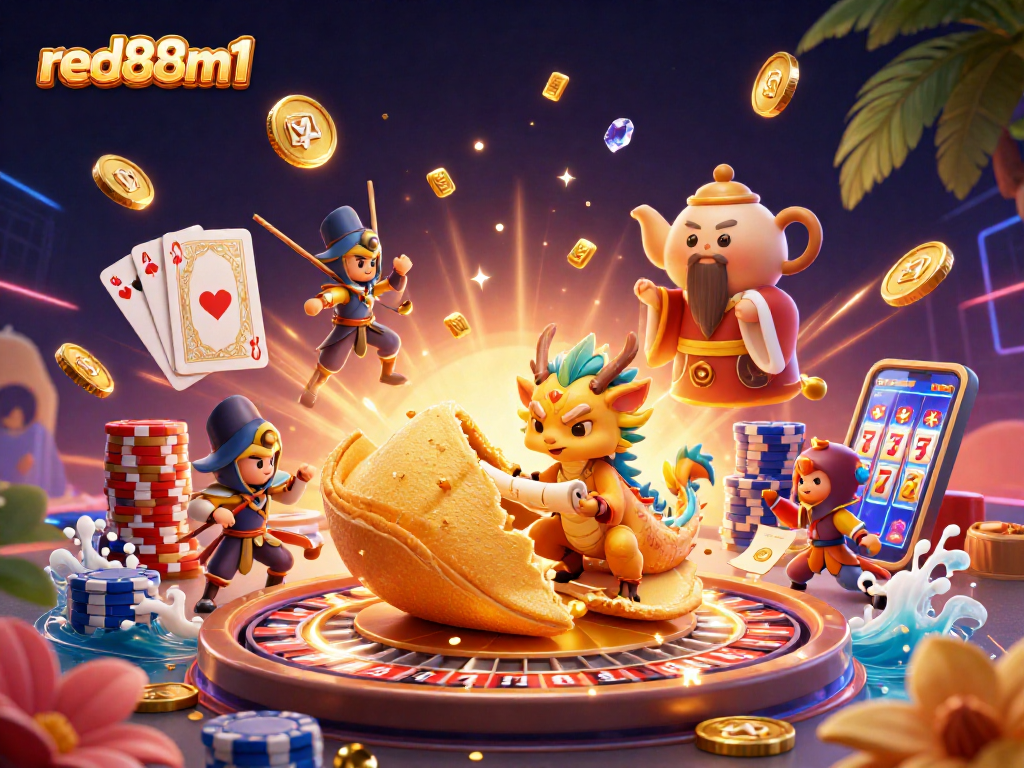Engage with red88m1 in this vibrant 3D illustration of a dynamic casino scene featuring golden fortune elements.