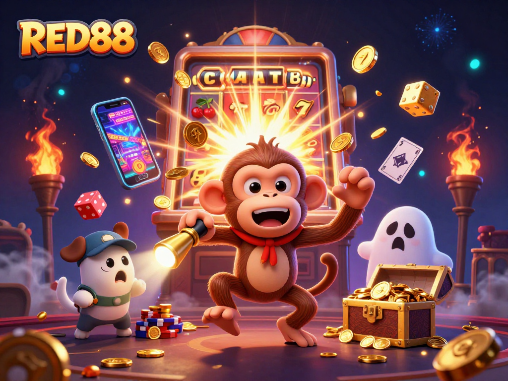 Join the fun at RED88 while a playful monkey juggles winning casino coins and cards.