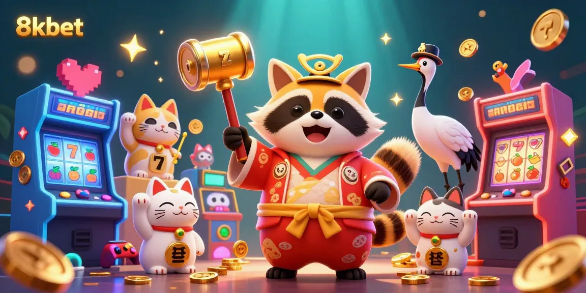 Join the excitement at 8kbet with cheerful tanuki and lucky symbols in a vibrant casino setting.
