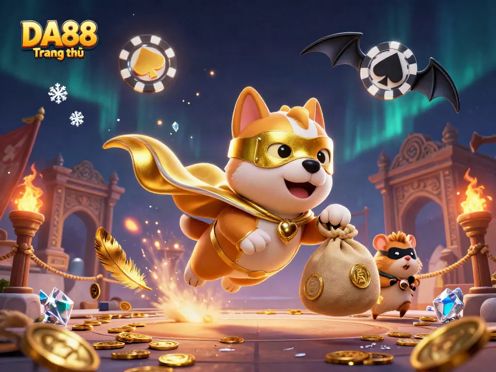Experience thrilling gameplay at DA88 Trang chủ with a cartoon superhero dog and hamster amidst dynamic casino elements.