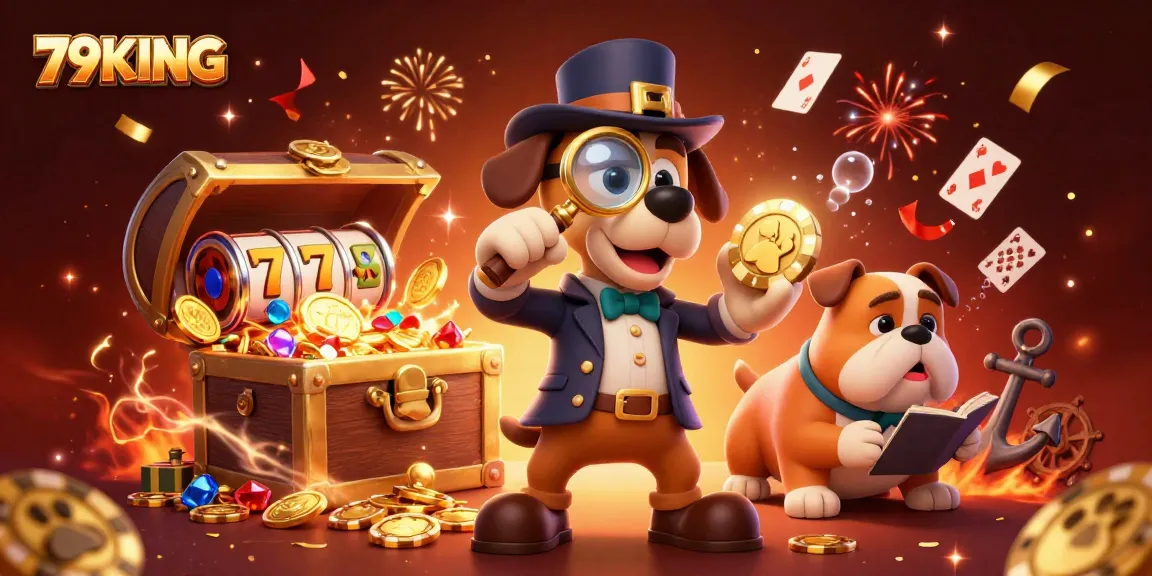 Join the 79KING detective adventure, with a bloodhound finding golden poker chips amidst vibrant gambling treasures.