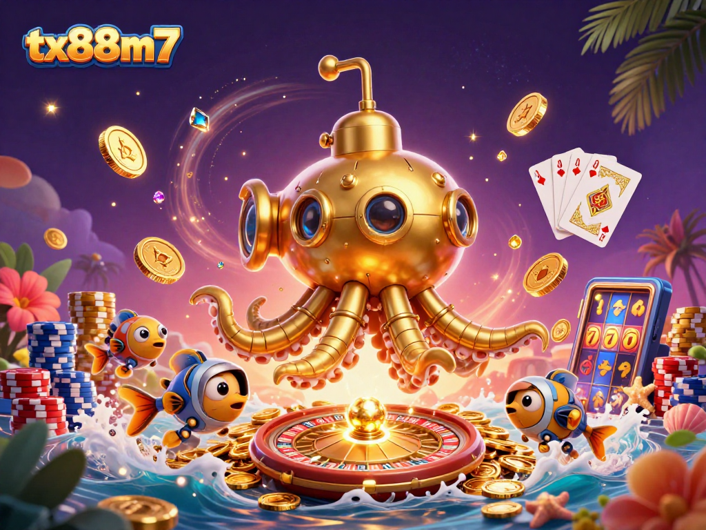 Experience the thrill of tx88m7 with a vibrant scene featuring a golden kraken submarine amidst casino treasures.