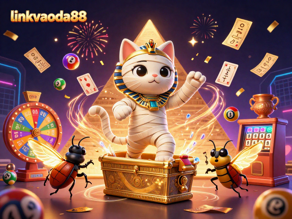 linkvaoda88 casino experience of an Egyptian mummy cat and scarab beetle in vibrant gaming action
