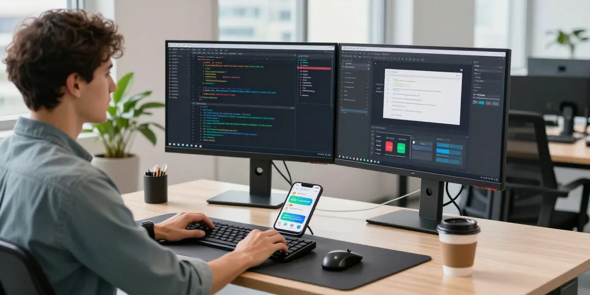快连 provides a modern tech workspace showcasing advanced software development with vibrant lighting and productivity tools.