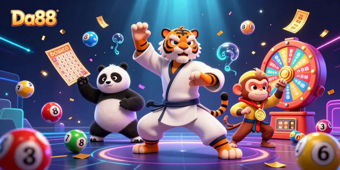 Feel the excitement at Da88 with a kung fu tiger master, panda disciple, and monkey student in a vibrant casino adventure.