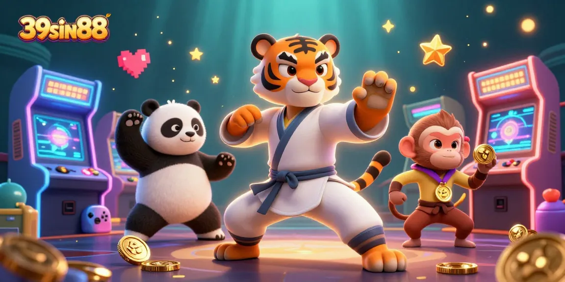 Join the thrilling world of 39sin88 with a kung fu tiger in a vibrant gaming scene.
