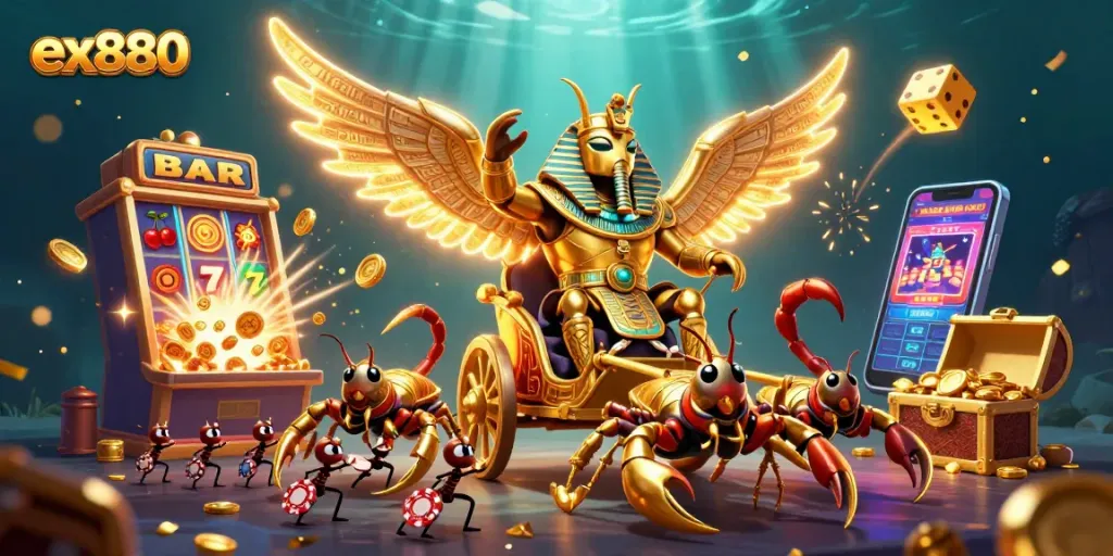 Engage with ex880 as a colossal golden scarab beetle leads a jackpot casino adventure