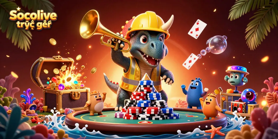 Socolive trực tiếp captures a festive scene with cheering characters building poker chip pyramids.