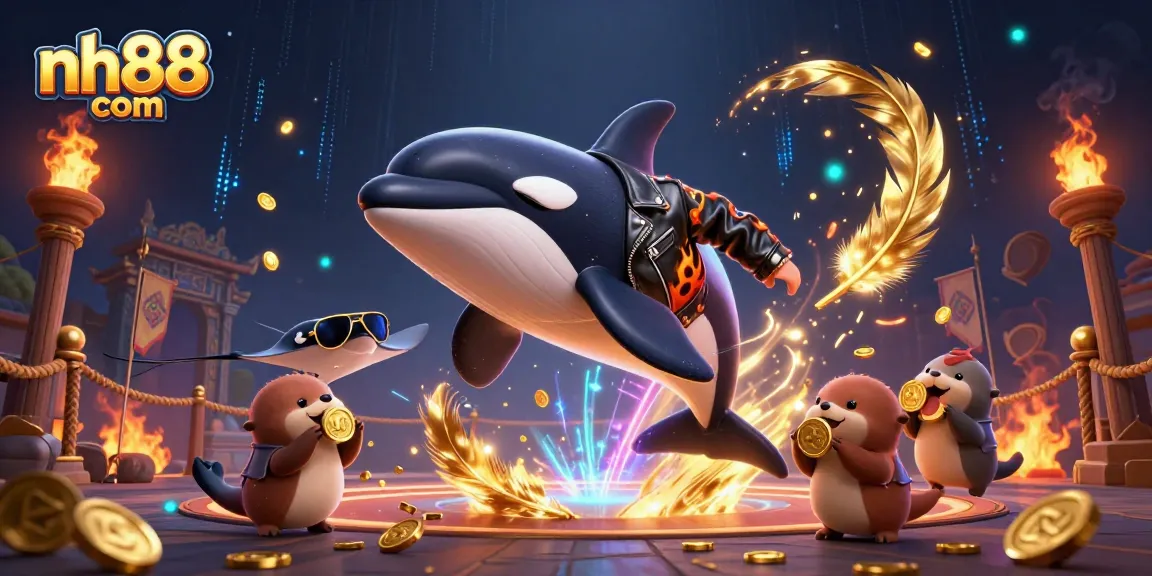 Experience exciting gameplay at nh88 com with orca and stingray characters, surrounded by golden betting tokens.