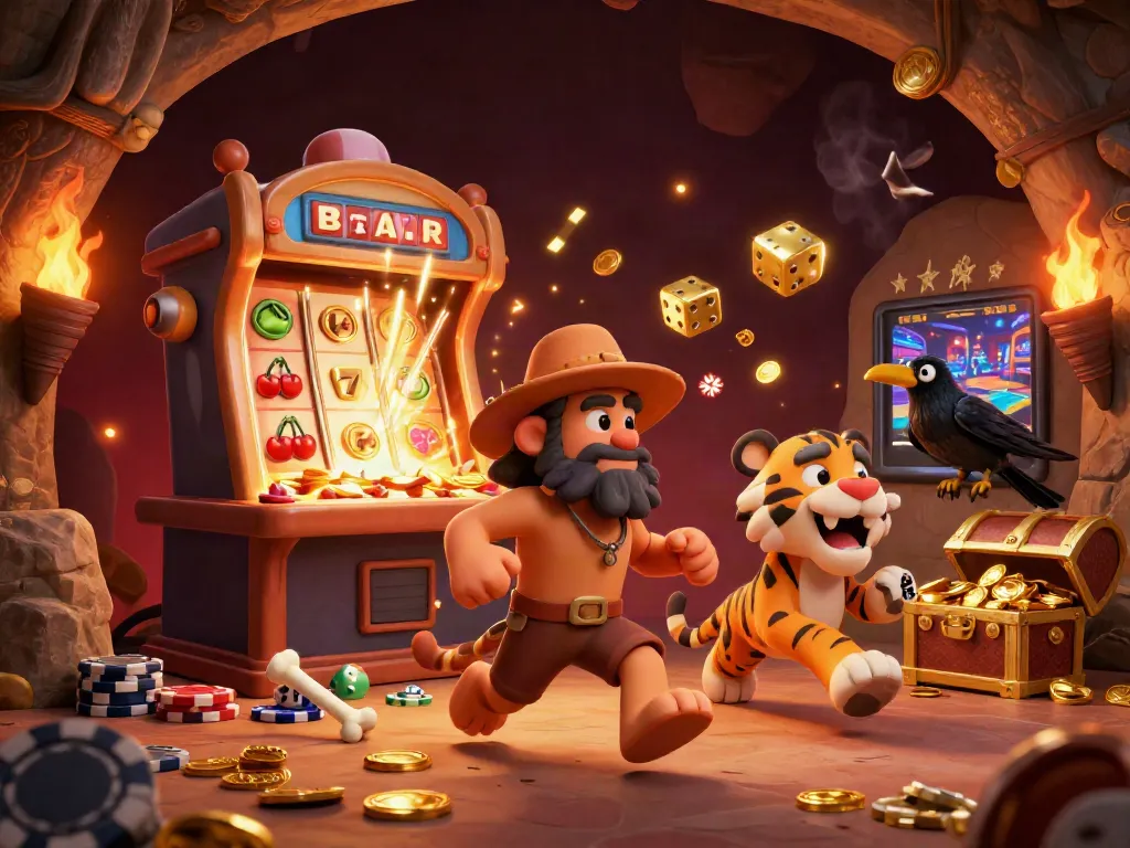 Play exciting games at VB88, featuring a prehistoric casino scene with colorful slot machines and jackpot wins.