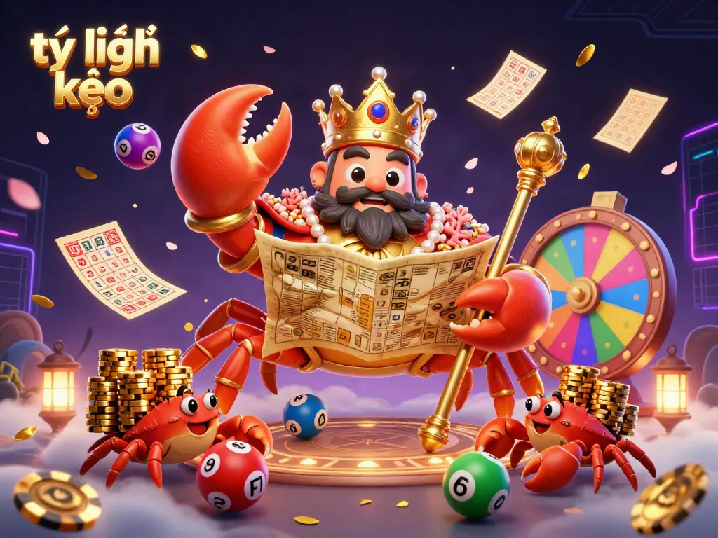 Discover the dynamic world of tỷ lệ kèo with this vibrant scene of a golden crab emperor amidst a colorful abundance of gambling elements.