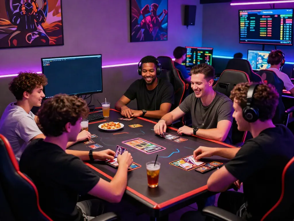 Players enjoying hitclub game night with snacks and vibrant lighting.