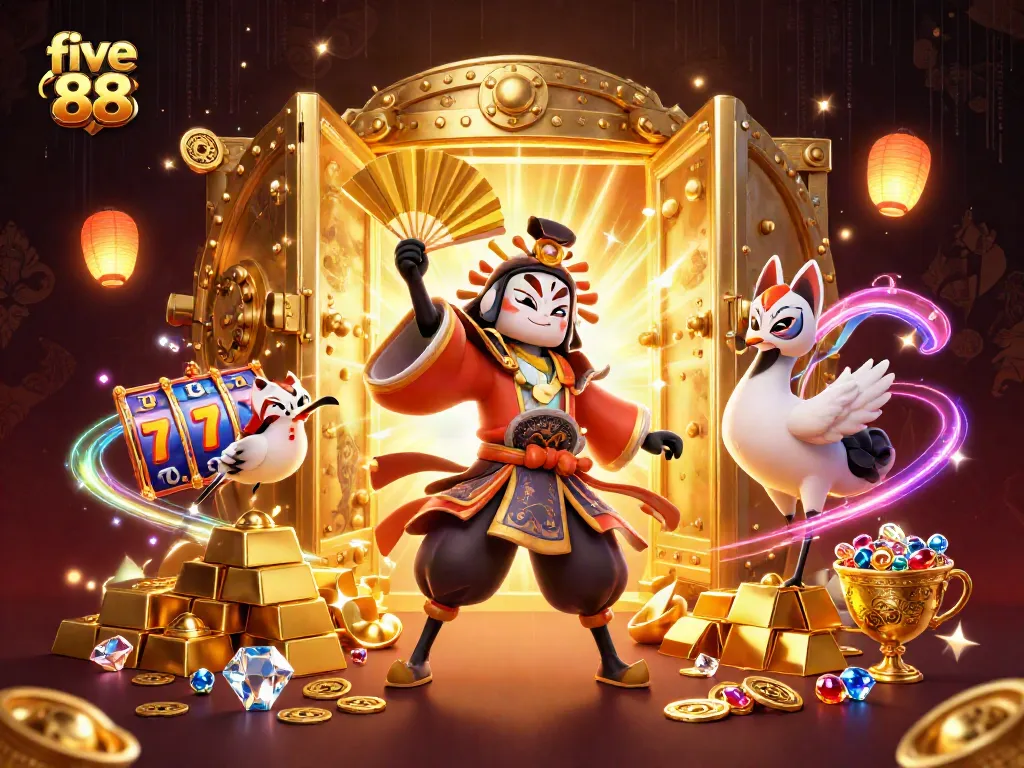 Engage with thrilling five 88 gameplay, showcasing slot reels and vibrant characters.