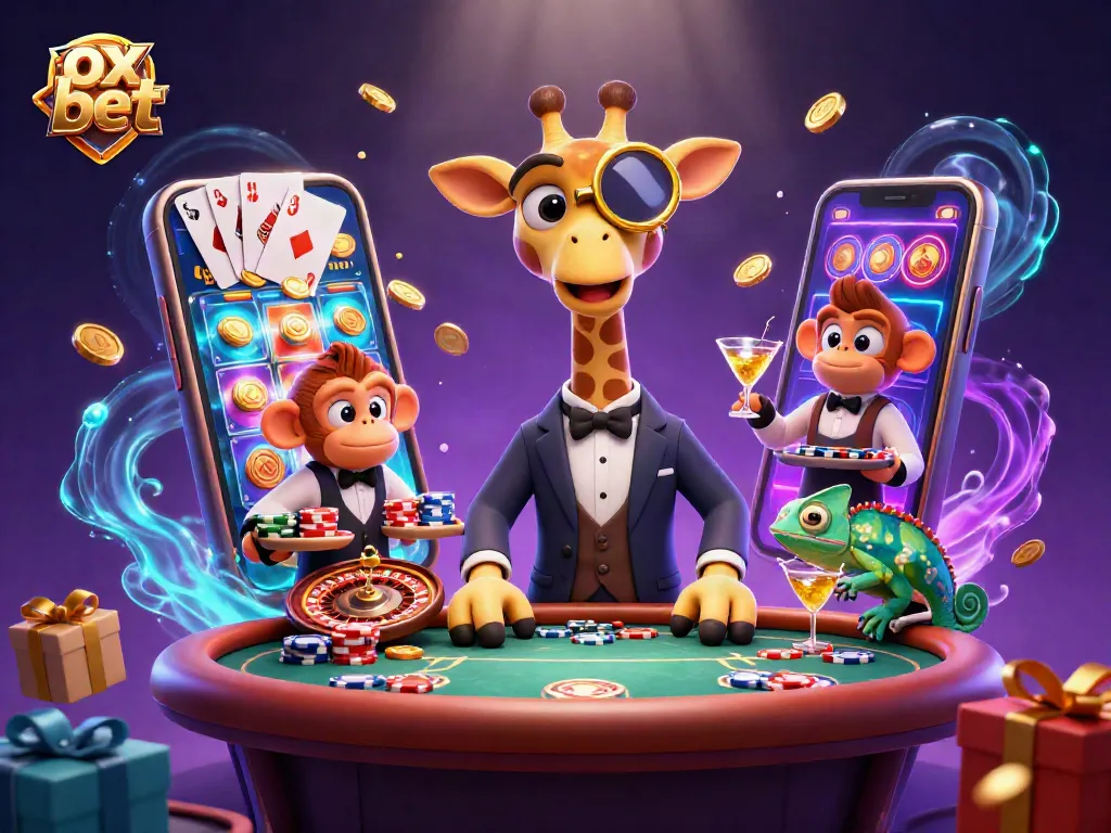 Experience winning at ox bet in a vibrant casino scene with a giraffe, monkey, and chameleon.