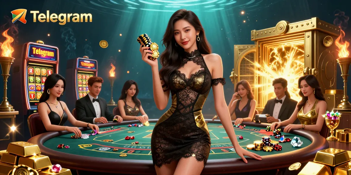 与Telegram互动，一位迷人的亚洲女性在奢华的百家乐桌上吸引玩家。