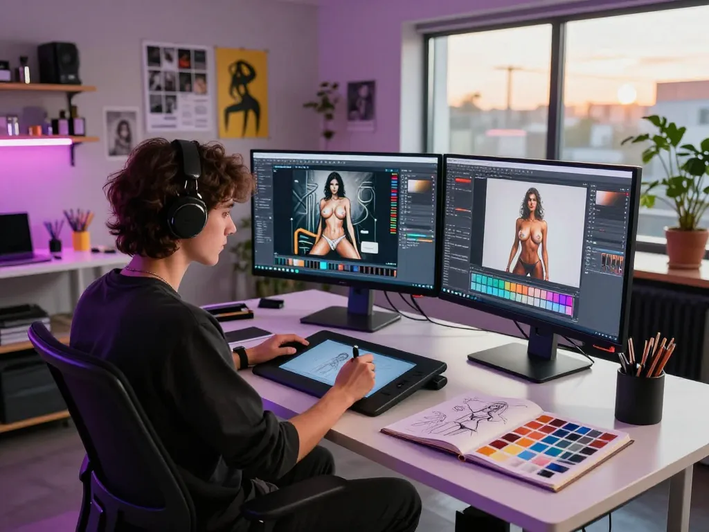 Creating AI porn artwork in a vibrant digital art studio with futuristic elements and modern tools.