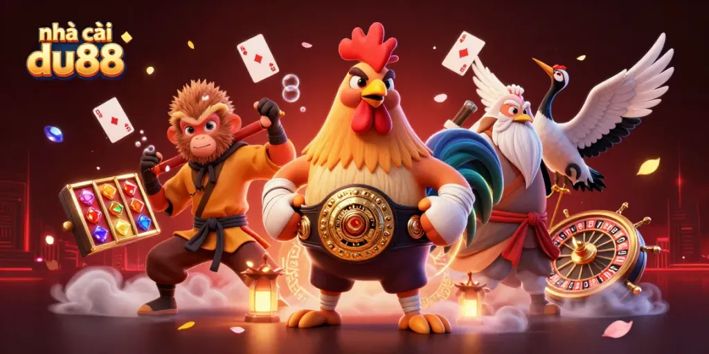 Experience the excitement at nhà cái du88 with a 3D casino illustration featuring vibrant characters and dynamic gameplay elements.