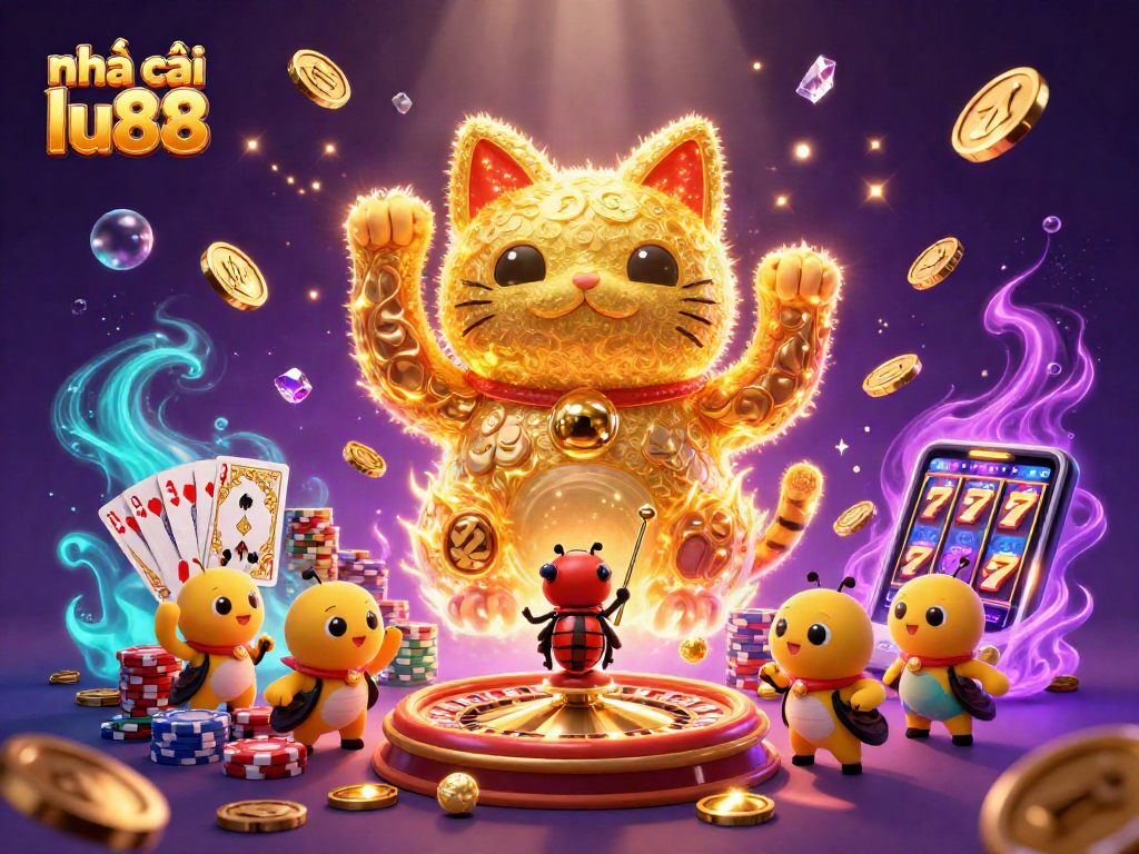Experience the excitement of nhà cái lu88 with dazzling casino symbols and a lucky cat in vibrant 3D.
