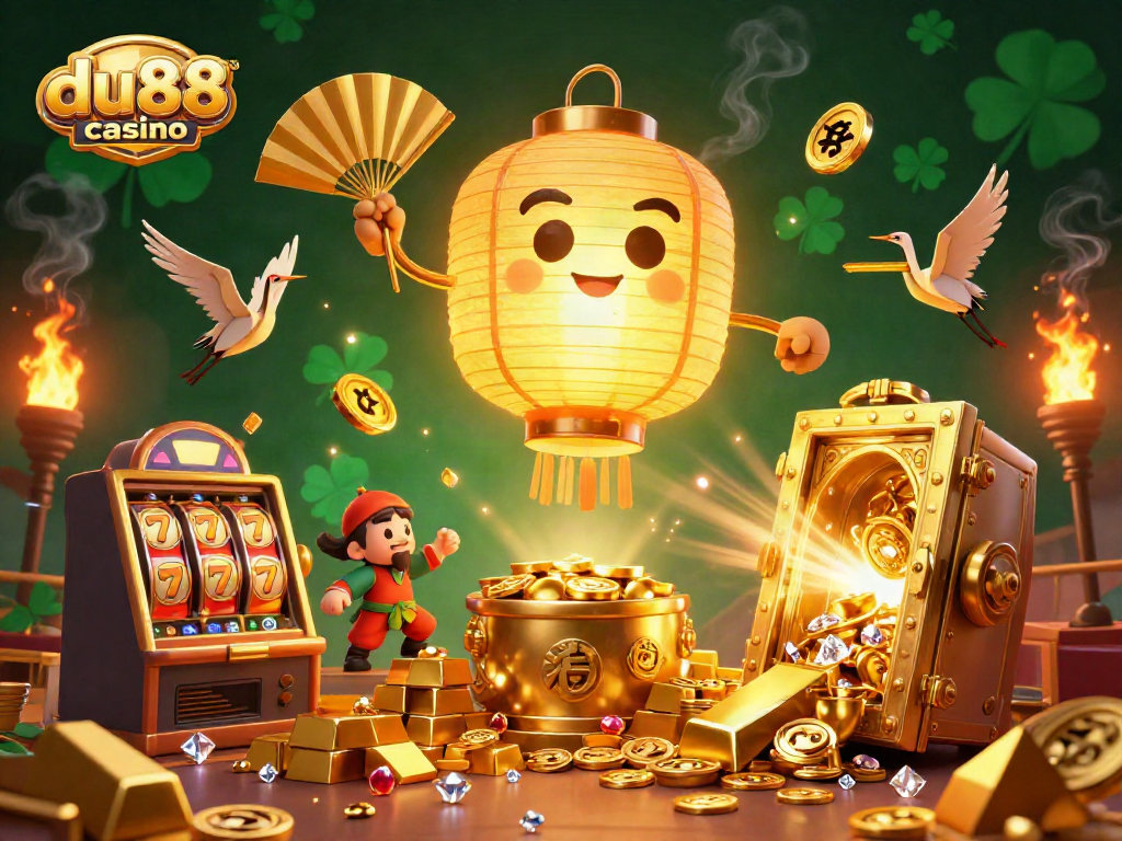 Engage with the colorful world of du88 casino, featuring a golden lantern spirit amidst vibrant slot machines and treasures.