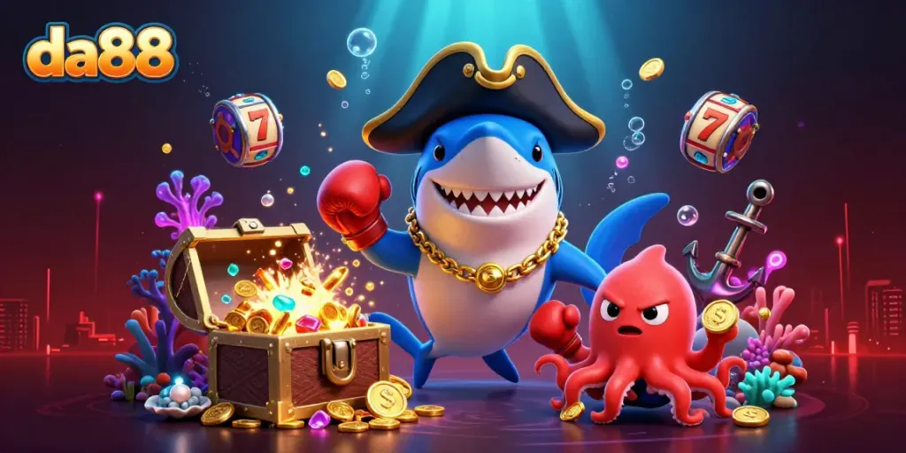 Experience thrilling wins at da88 with a pirate shark and friends celebrating around slot reels and treasures.