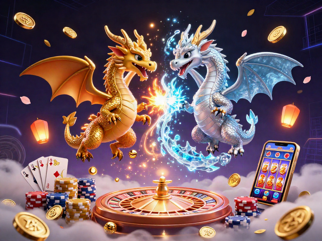 Experience the thrill of gaming at on88 with this vibrant 3D casino illustration featuring dragons and rich game elements.