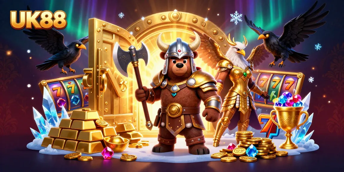 Spin the reels with UK88 in a vibrant, action-packed 3D casino illustration full of treasure.