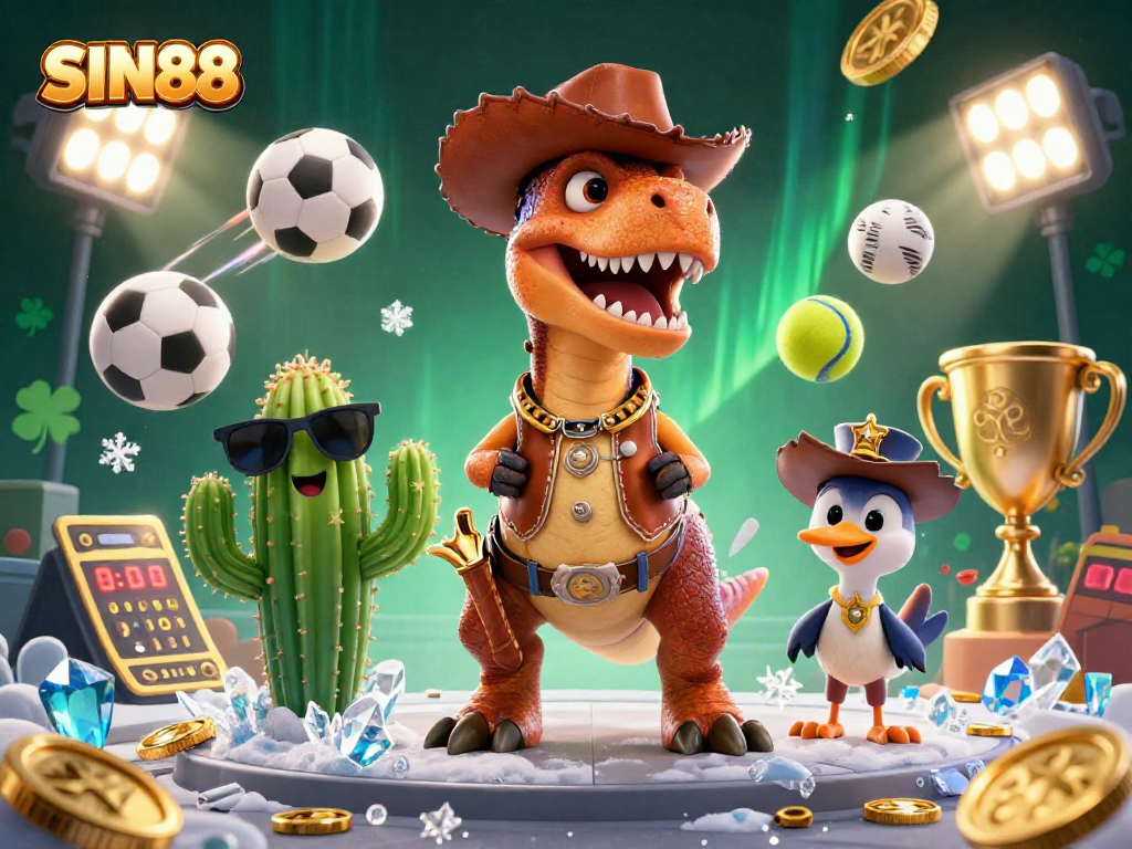 SIN88 invites sports betting action with a dynamic 3D illustration featuring engaging characters and elements.