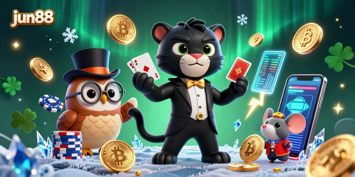 Experience thrilling gameplay at jun88 with a vibrant scene of a tuxedoed panther dealing cards and crypto elements.