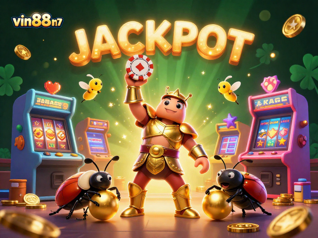 Experience excitement with vin88m7 as a hercules beetle lifts a poker chip in a dynamic gambling scene.